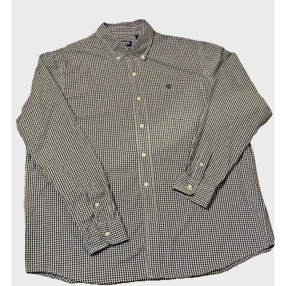 CHAPS Oxford Mens Dress Shirt  XXL Blue/White Small Plaid Long Sleeves Button Up